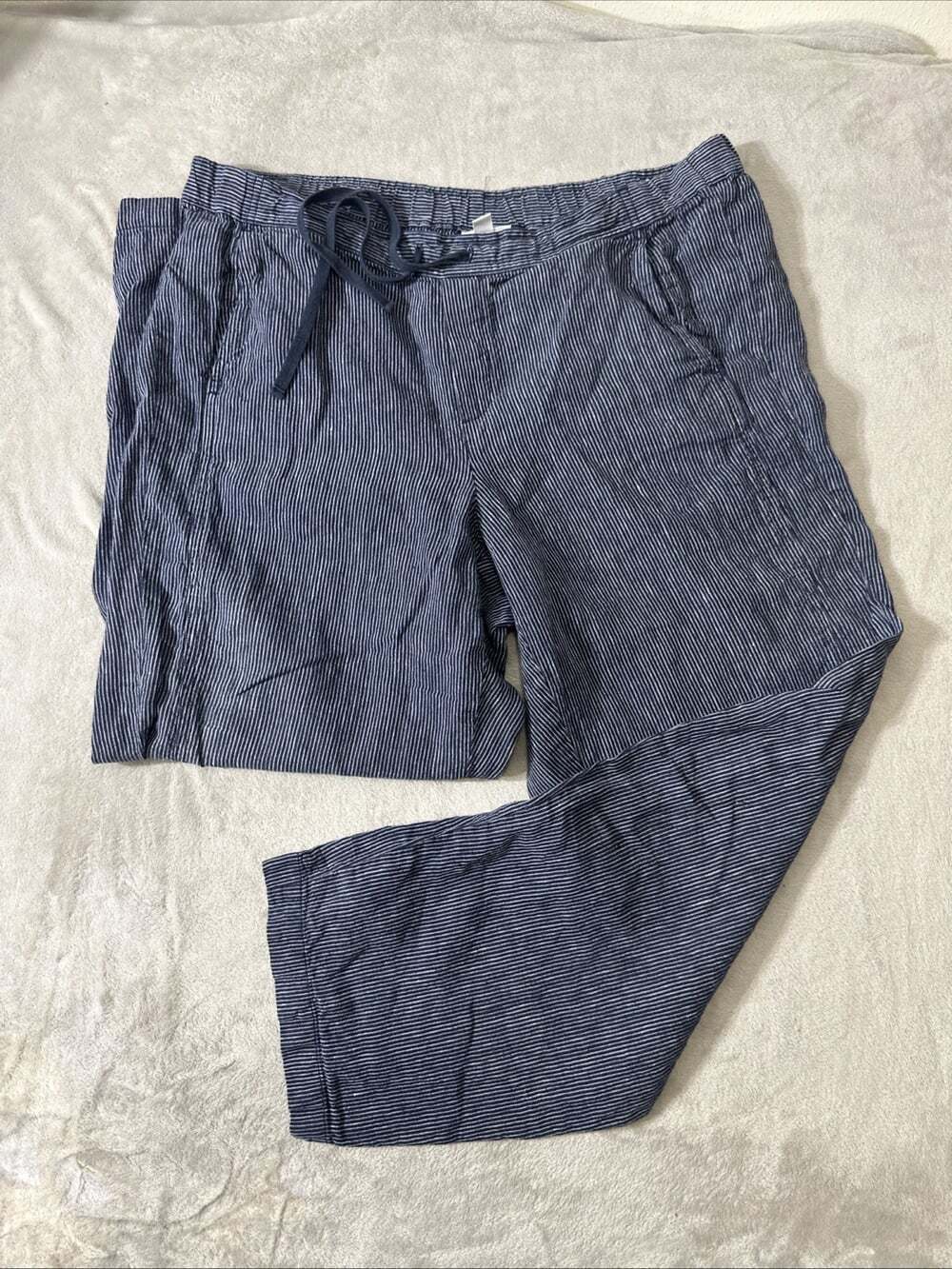 J.Jill Love Linen Pants Women’s Large Blue Stripe Drawstring Pull On Linen